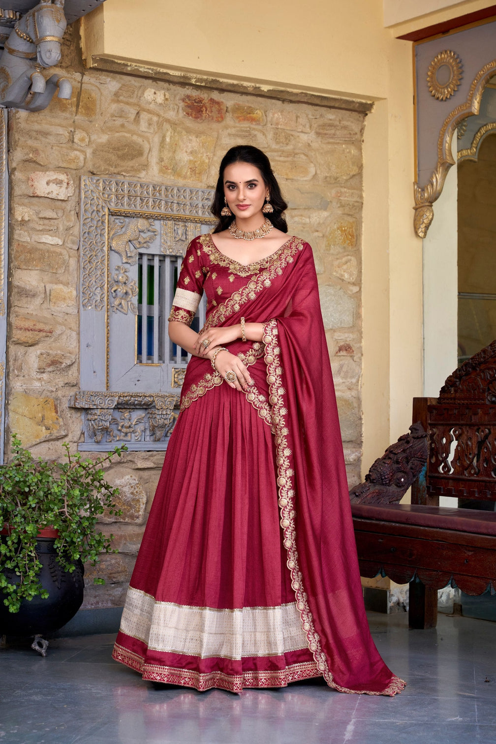 Salmon Premium Vichitra Silk Lehenga Set with Zari & Sequin Detailing – 3-Piece Ensemble