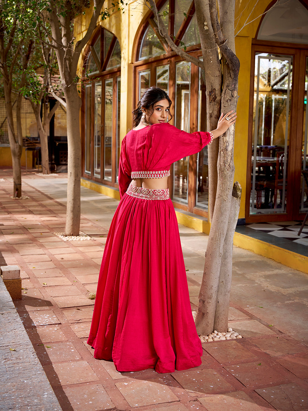 Pink vichitra silk lehenga choli set with thread embroidery