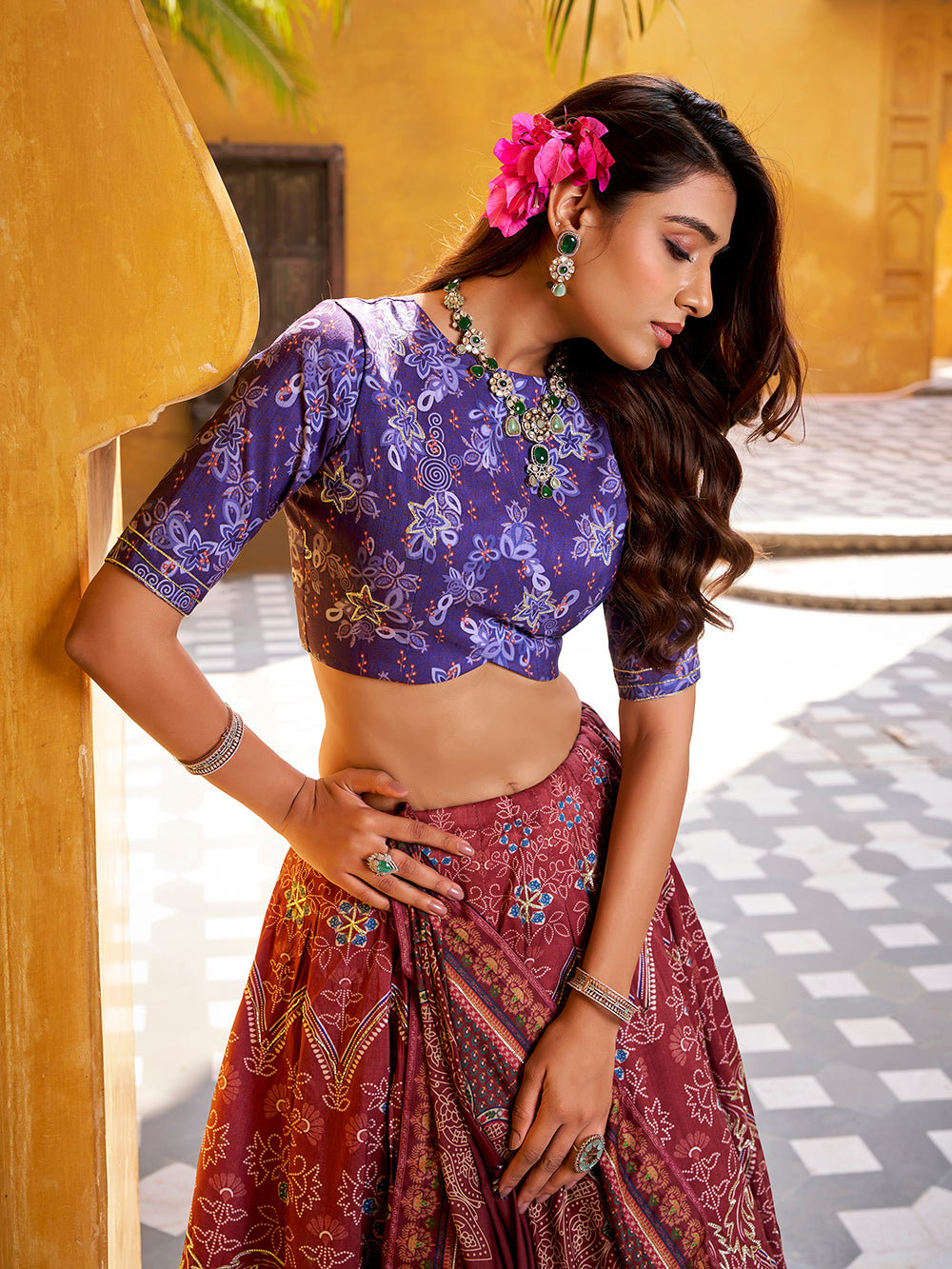 Maroon vaishali silk lehenga choli with beads work gotta patti dupatta