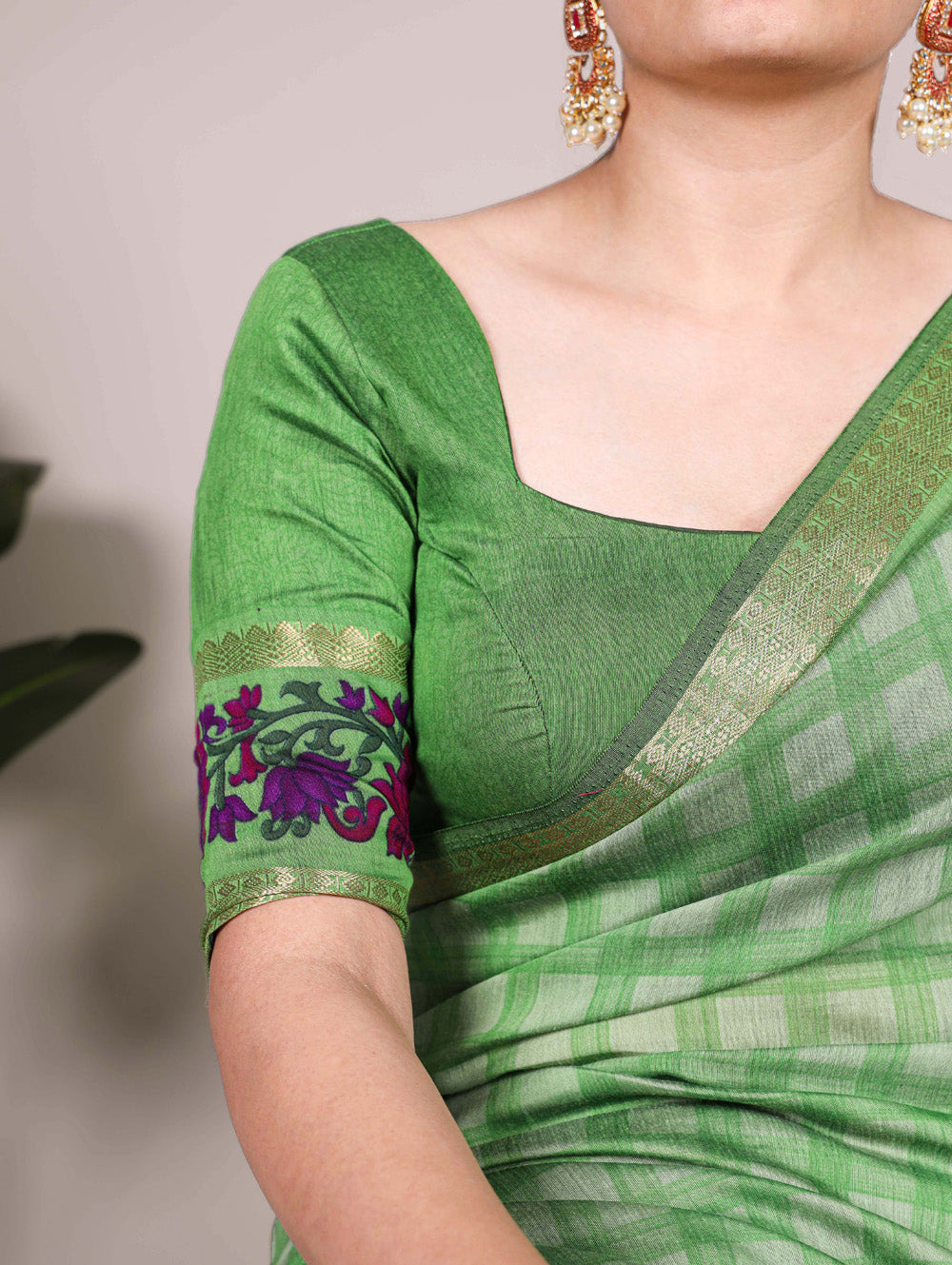 Parrot green printed polyester viscose chanderi saree with zari weaving border