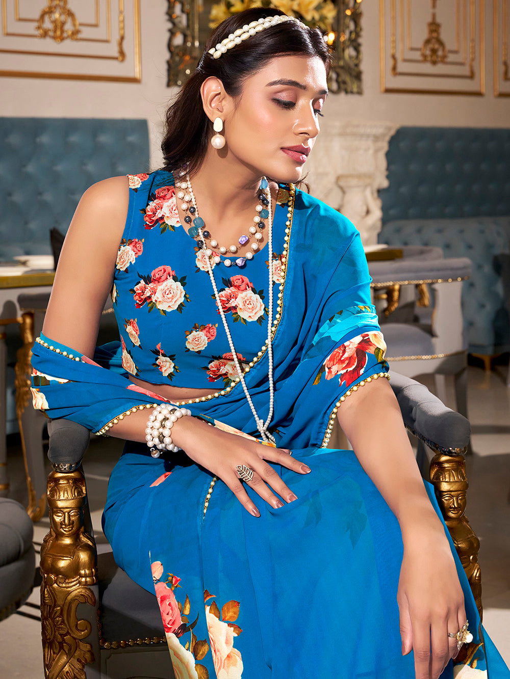 Firozi georgette plain saree with printed pearl lace border work