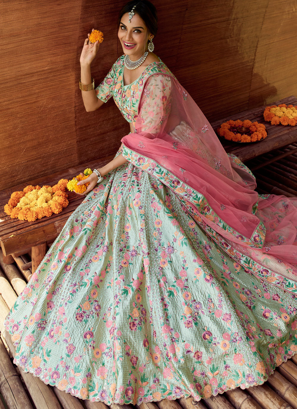 Green Embroidered Satin Semi Stitched Lehenga