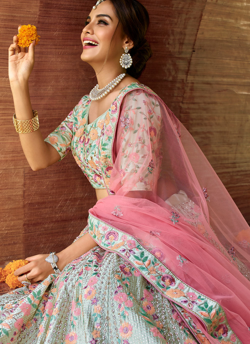 Green Embroidered Satin Semi Stitched Lehenga