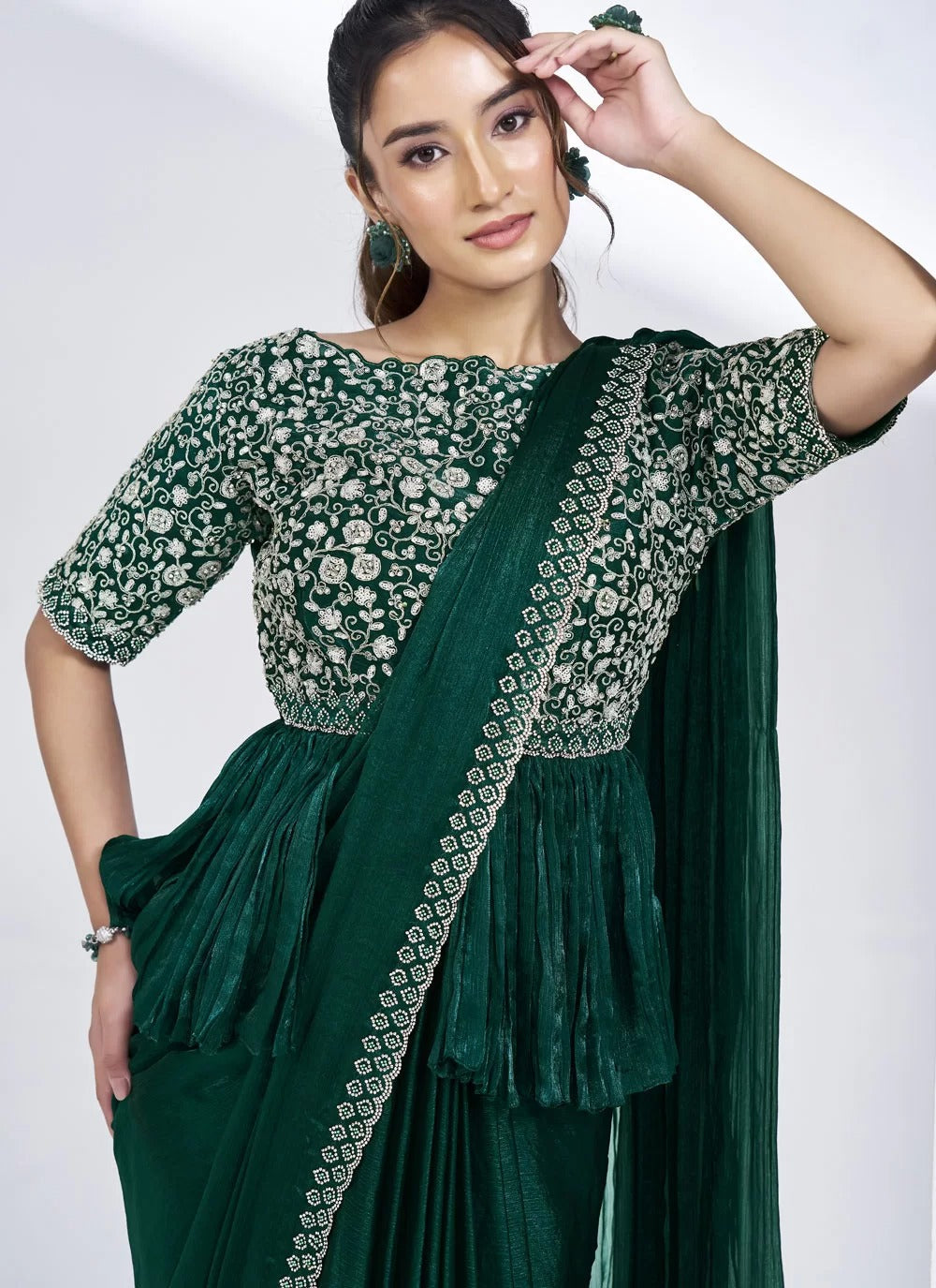Graceful green satin silk ready to wear saree with handwork