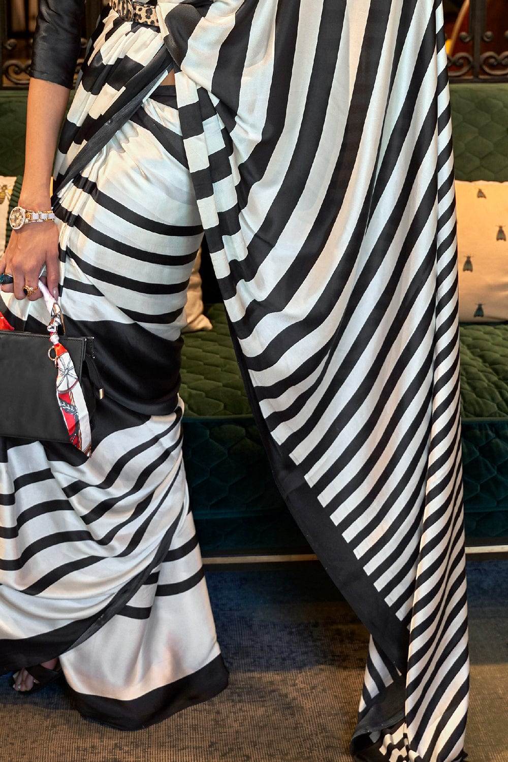 Alabaster White Satin Silk Saree