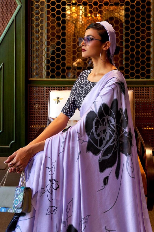 Bright Lilac Purple Satin Silk Saree