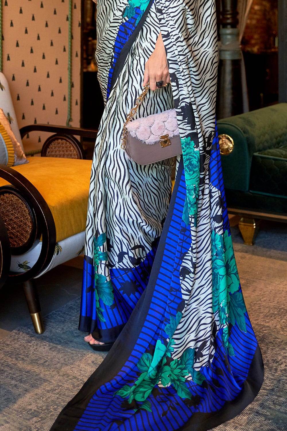 Daisy White Satin Silk Saree