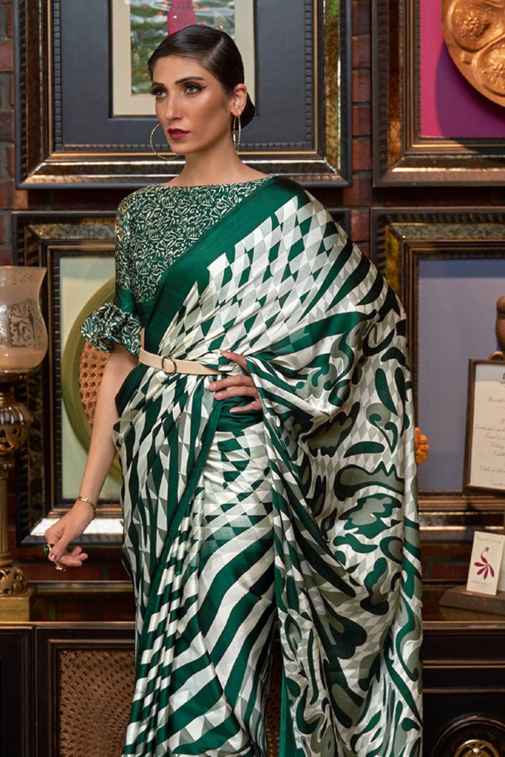 Forest Green Satin Silk Saree