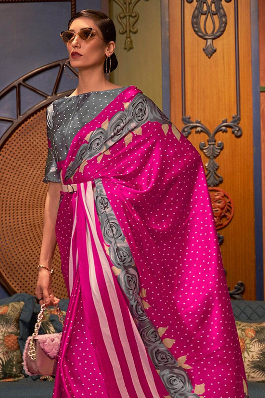 Fuschia Pink Satin Silk Saree