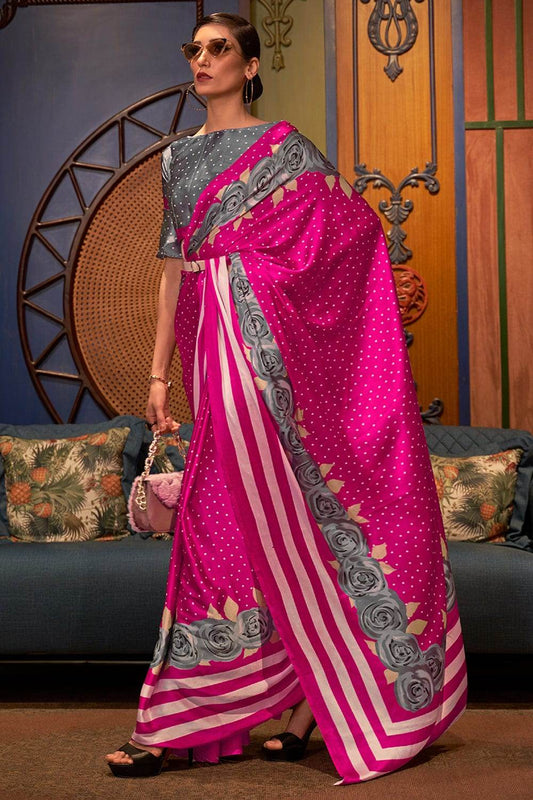 Hot Pink Satin Silk Saree