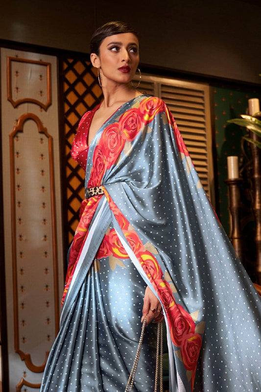 Lava Grey Satin Silk Saree