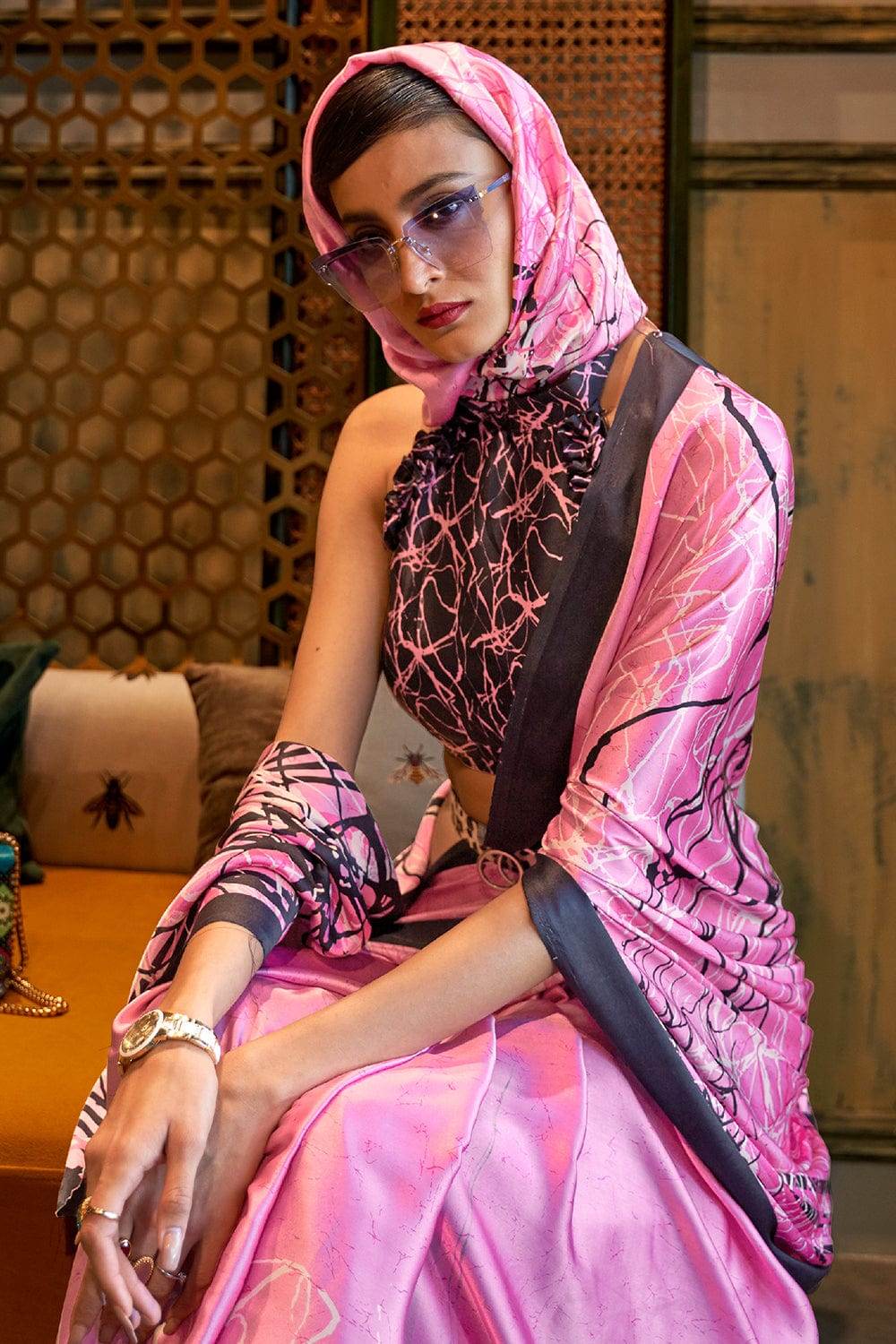 Rose Pink Satin Silk Saree
