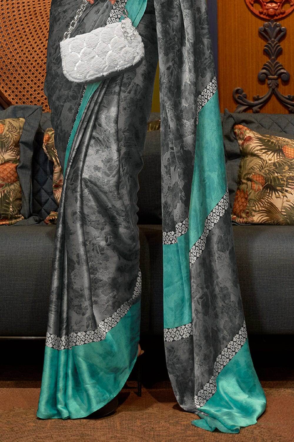 Slate Grey Satin Silk Saree