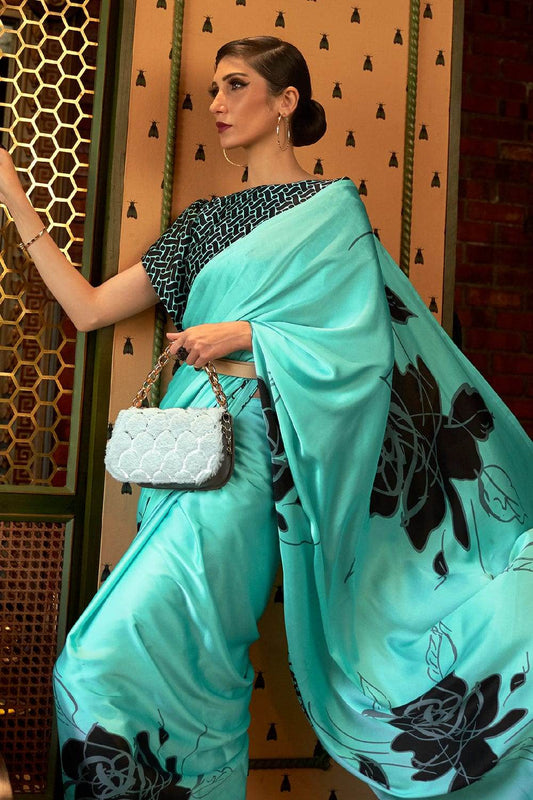 Turquoise Blue Satin Silk Saree
