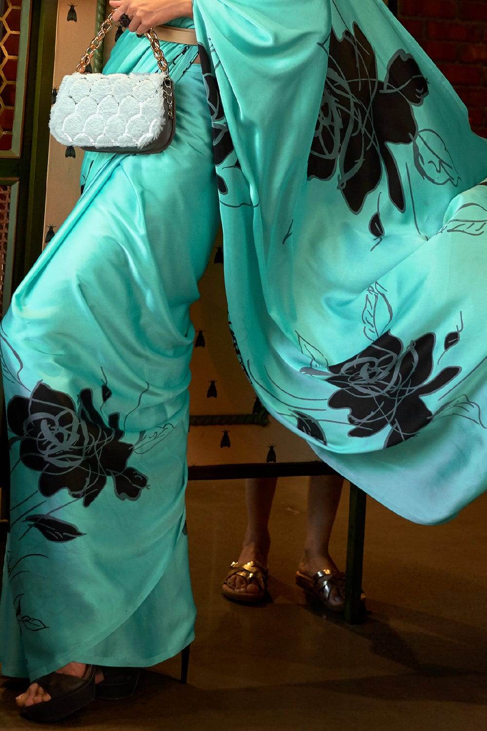 Turquoise Blue Satin Silk Saree