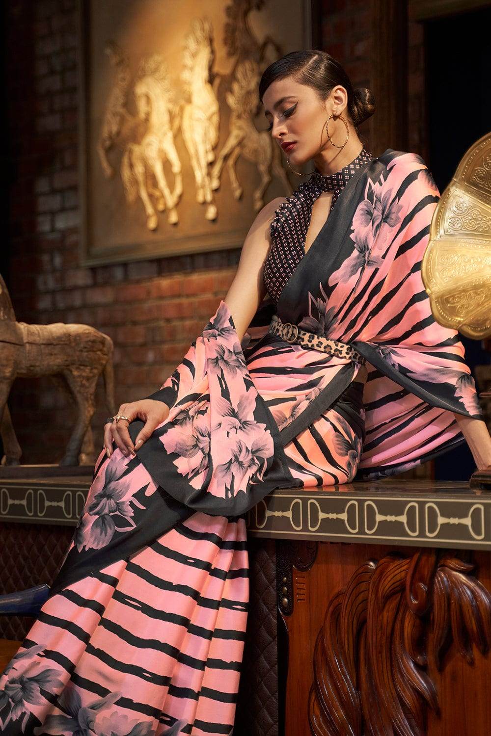 Watermelon Pink Satin Silk Saree