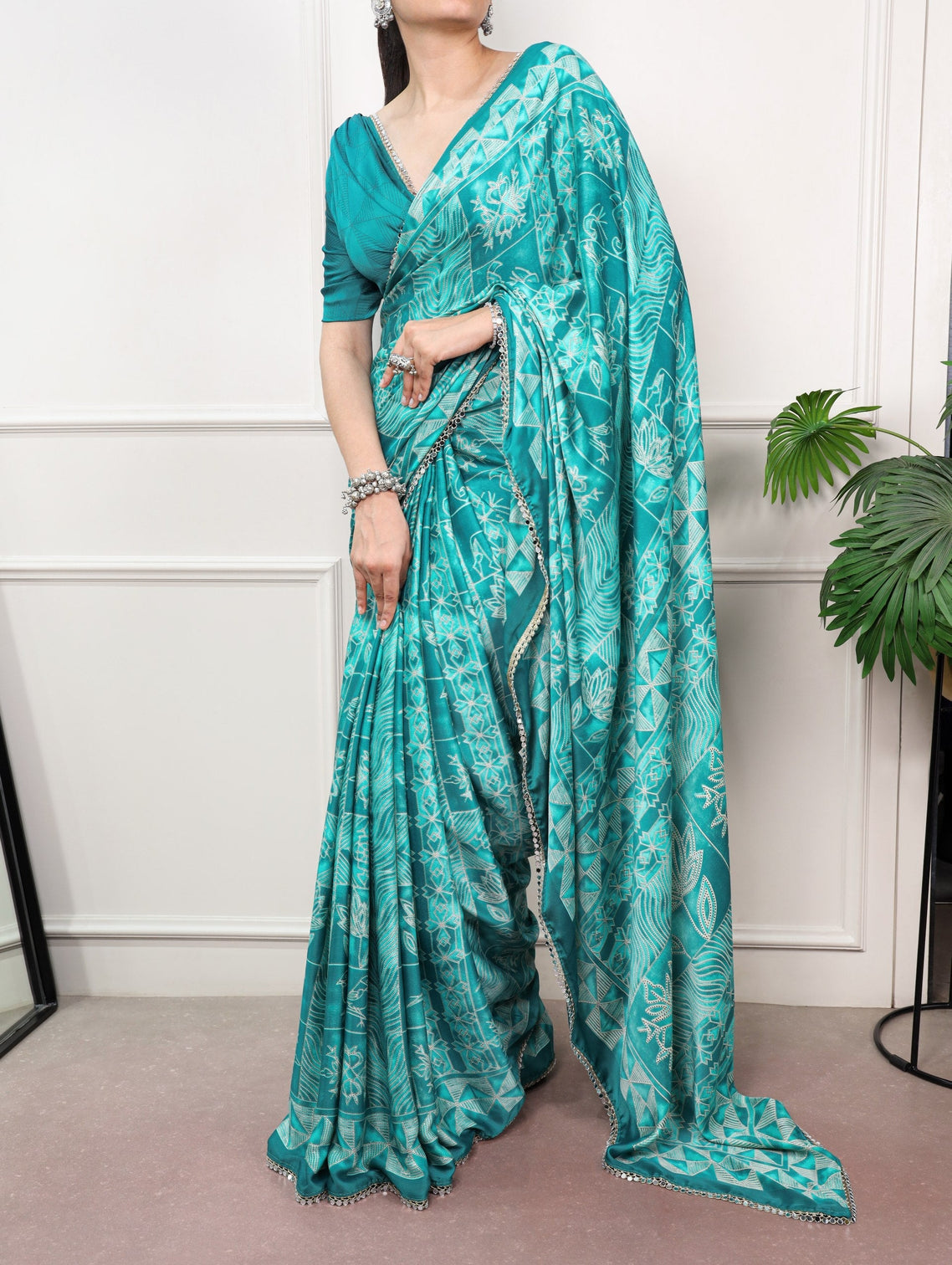 Satin Silk Saree with Mirror Lace Border