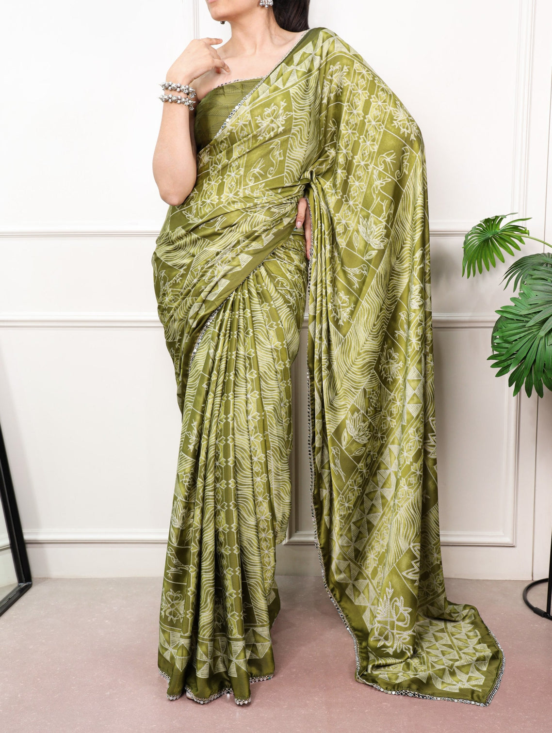 Satin Silk Saree with Mirror Lace Border