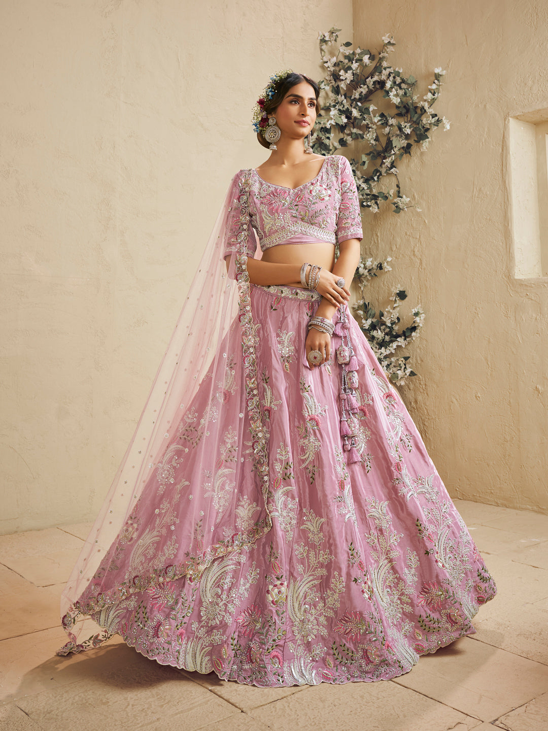 Satin Silk Sequins Embroidered Semi-Stitched Lehenga Choli with Dupatta
