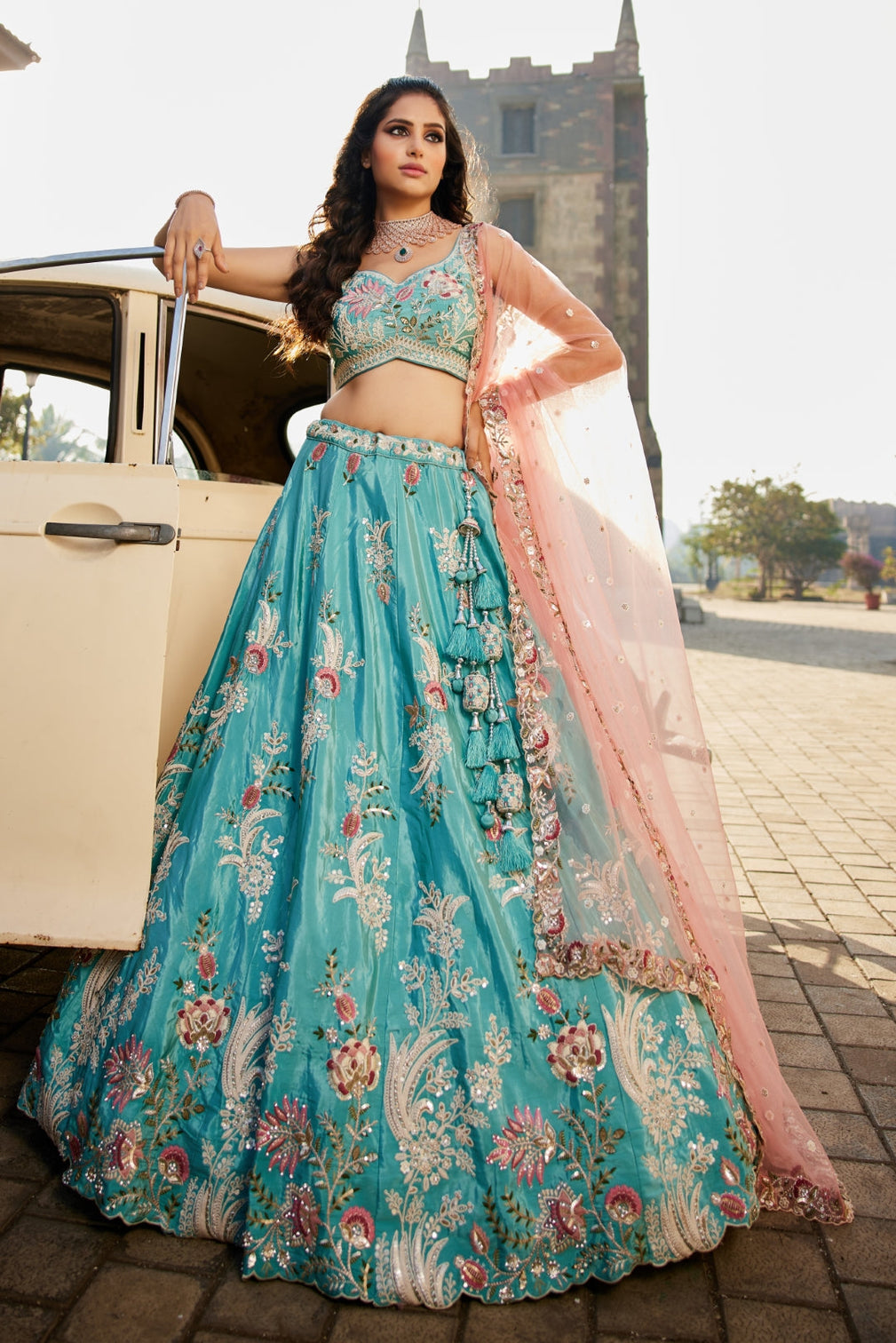 Satin Silk Sequins Embroidered Semi-Stitched Lehenga Choli with Dupatta