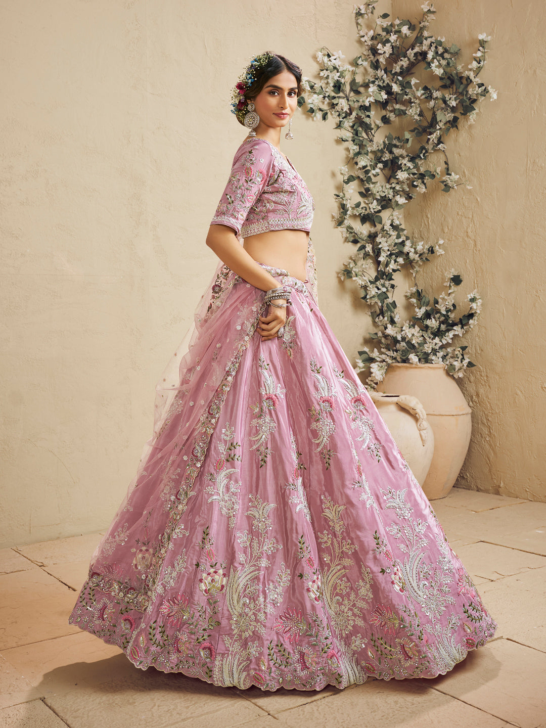 Satin Silk Sequins Embroidered Semi-Stitched Lehenga Choli with Dupatta