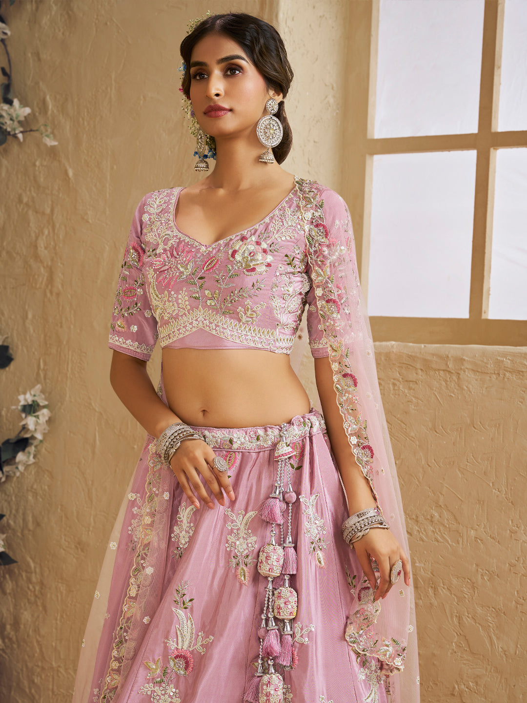Satin Silk Sequins Embroidered Semi-Stitched Lehenga Choli with Dupatta