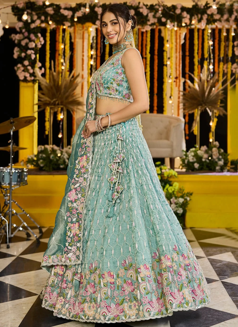 Elegant lime green satin silk sequins bridal lehenga choli with dupatta