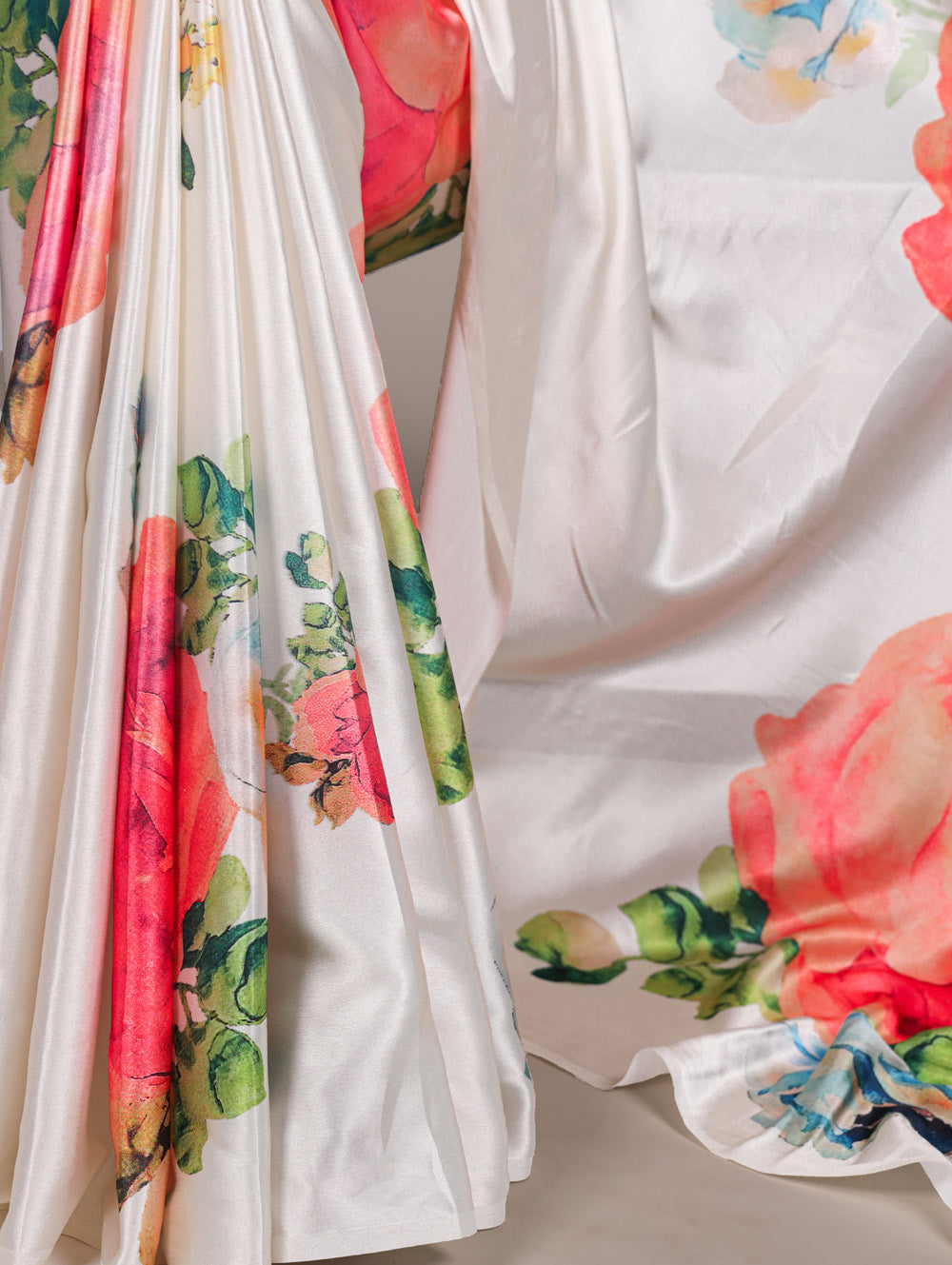 White floral printed satin silk saree with firozi banglory blouse