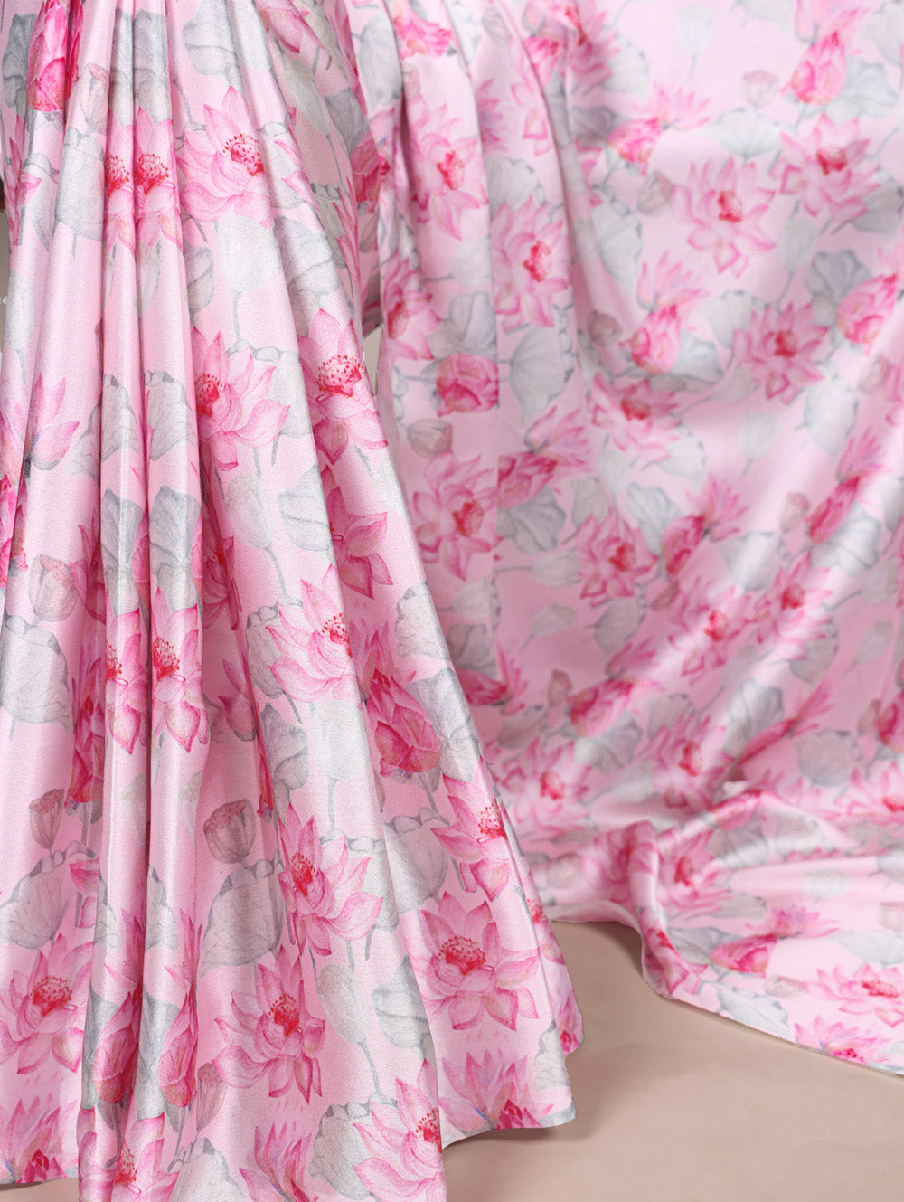Light pink satin silk floral printed saree with mono benglory green blouse fabric