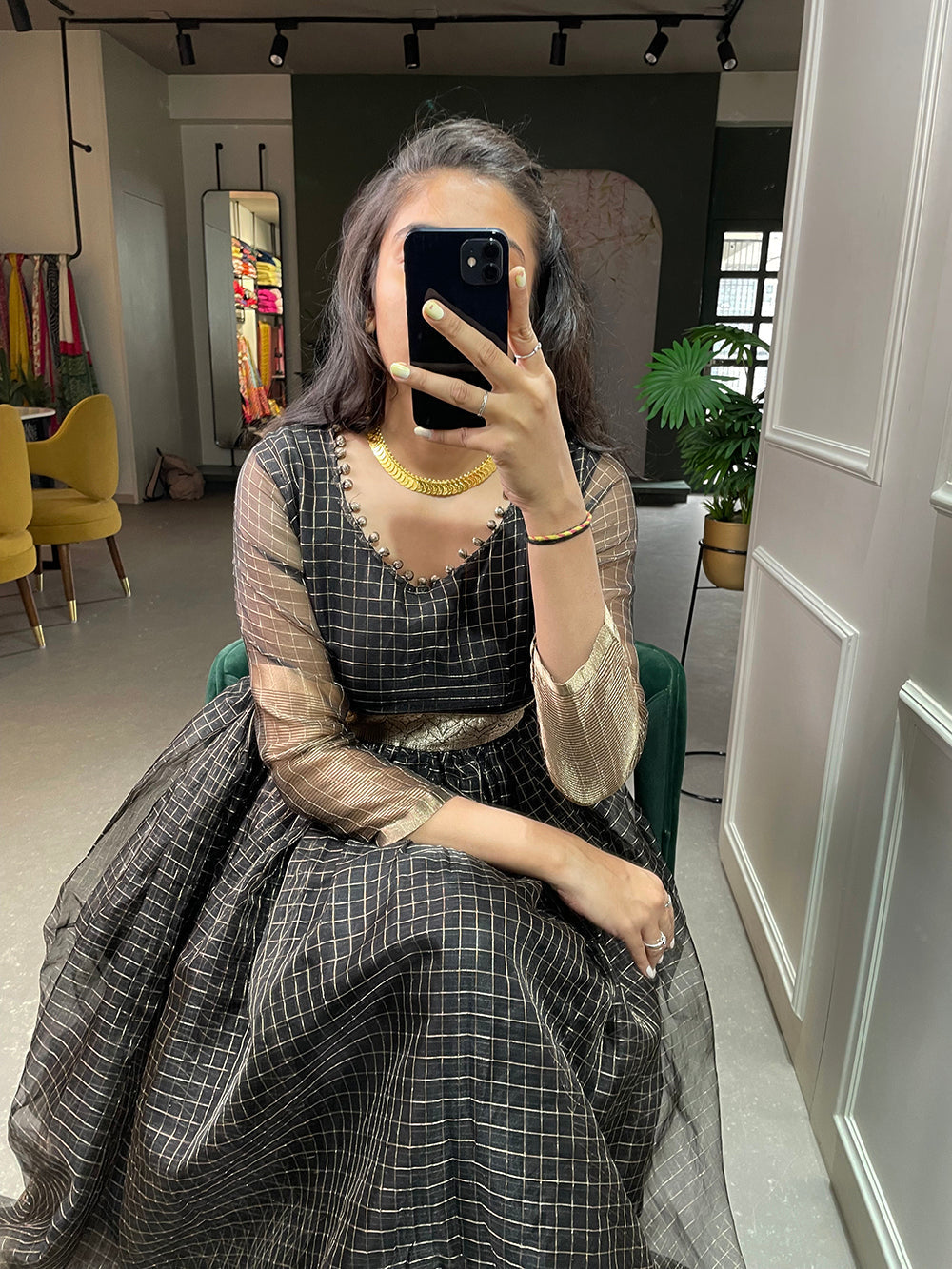 Black Color Zari Weaving Work Organza Chex Gown