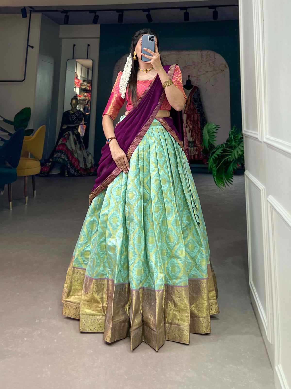 Sea Blue Jacquard Silk Lehenga Choli Set