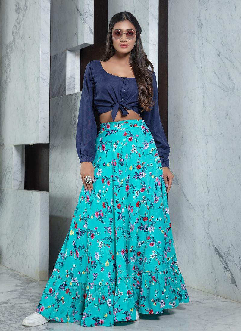 Sea Blue Printed Flared Lehenga Choli