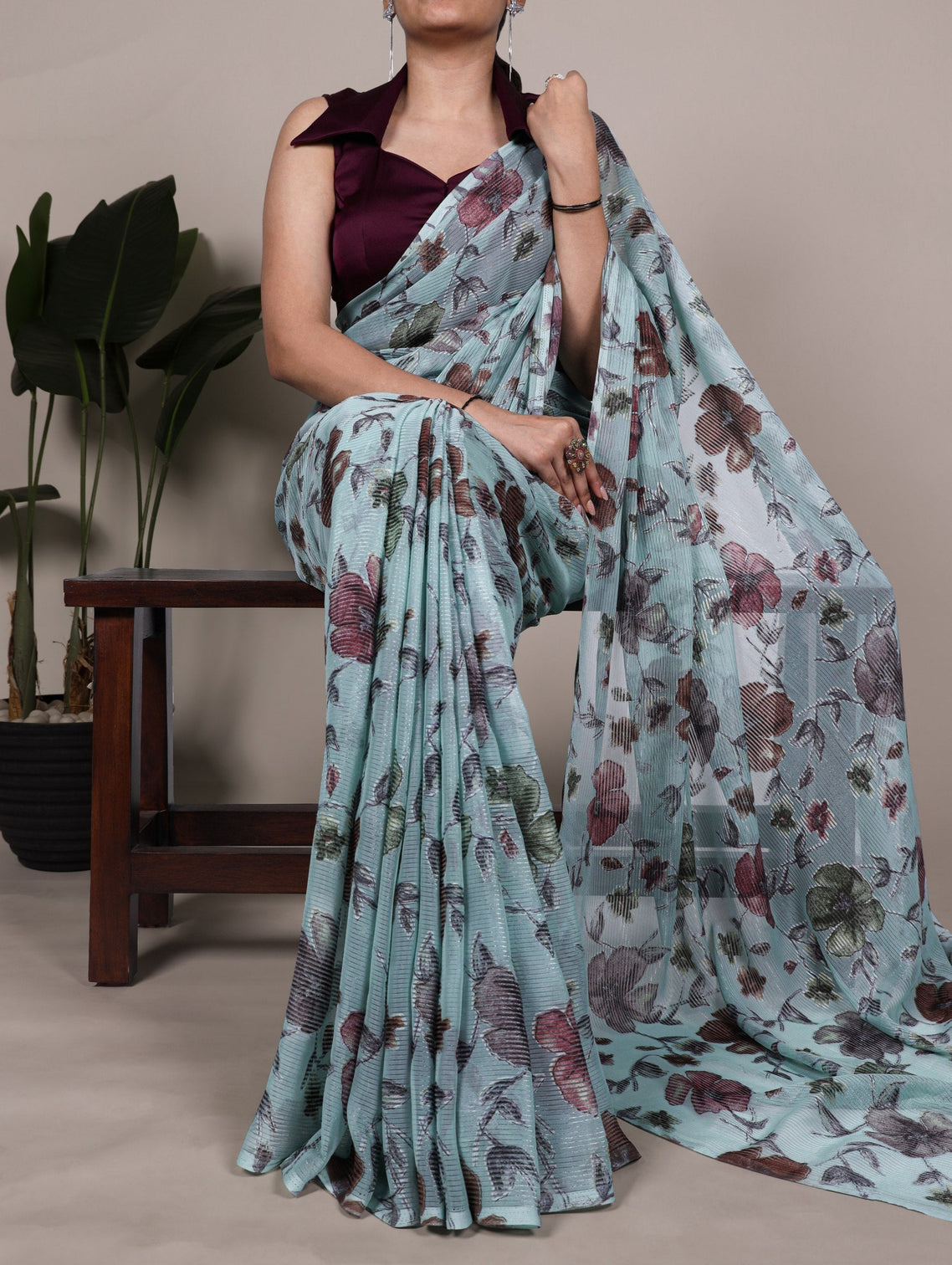 Sea Greeen Elegant Lurex Brasso Saree with Floral Viscose Brasso Work & Silk Blouse Piece