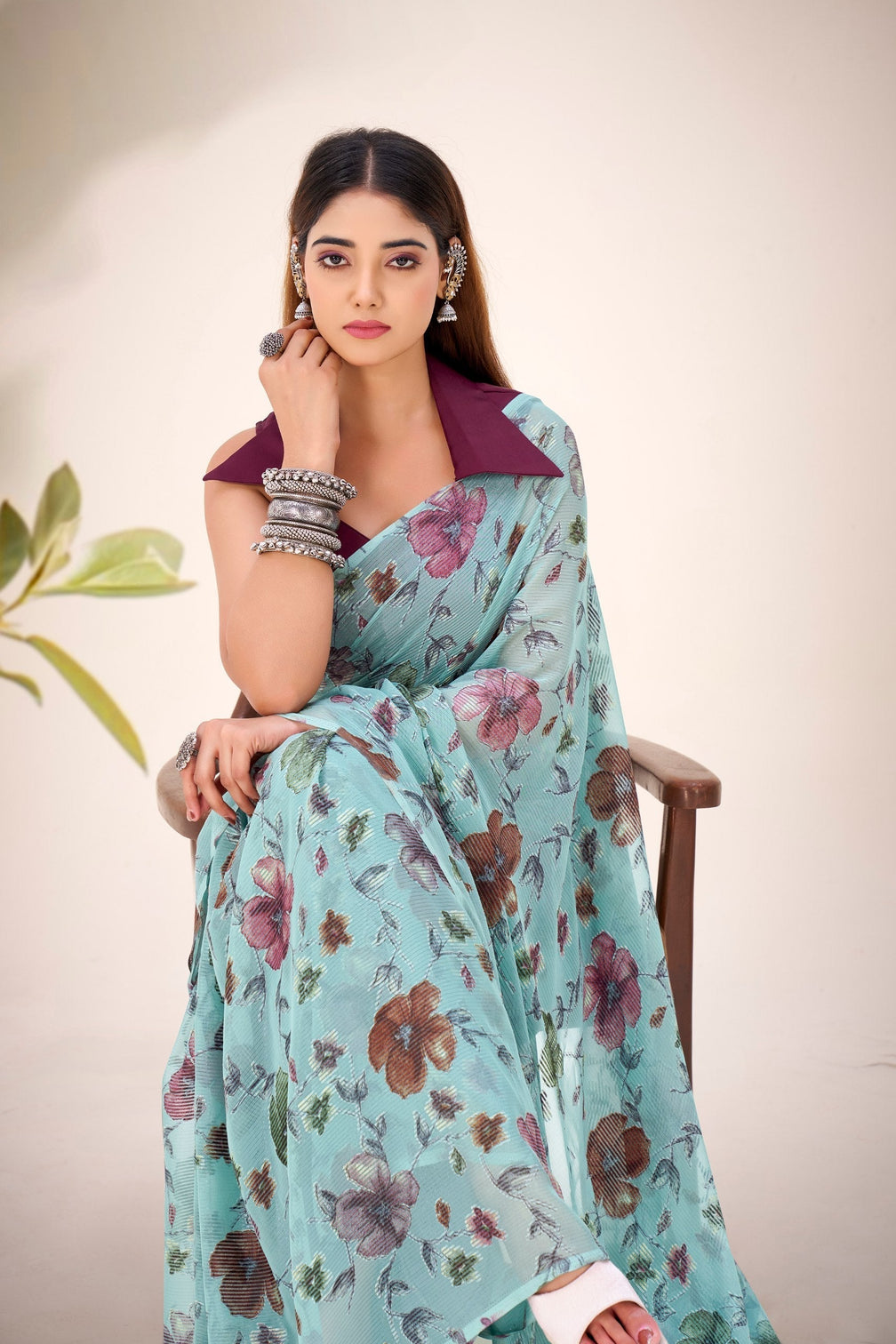 Sea Greeen Elegant Lurex Brasso Saree with Floral Viscose Brasso Work & Silk Blouse Piece