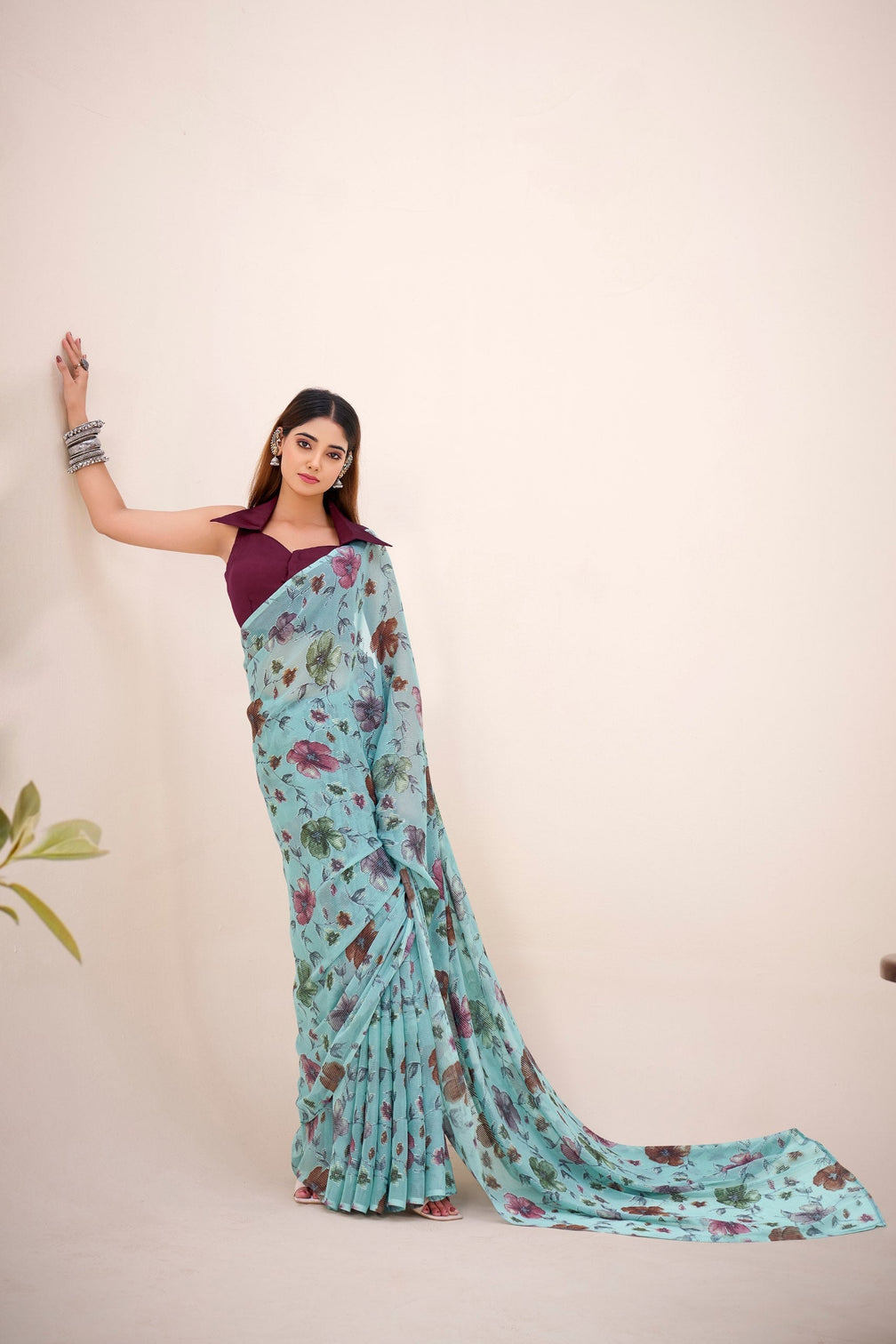 Sea Greeen Elegant Lurex Brasso Saree with Floral Viscose Brasso Work & Silk Blouse Piece