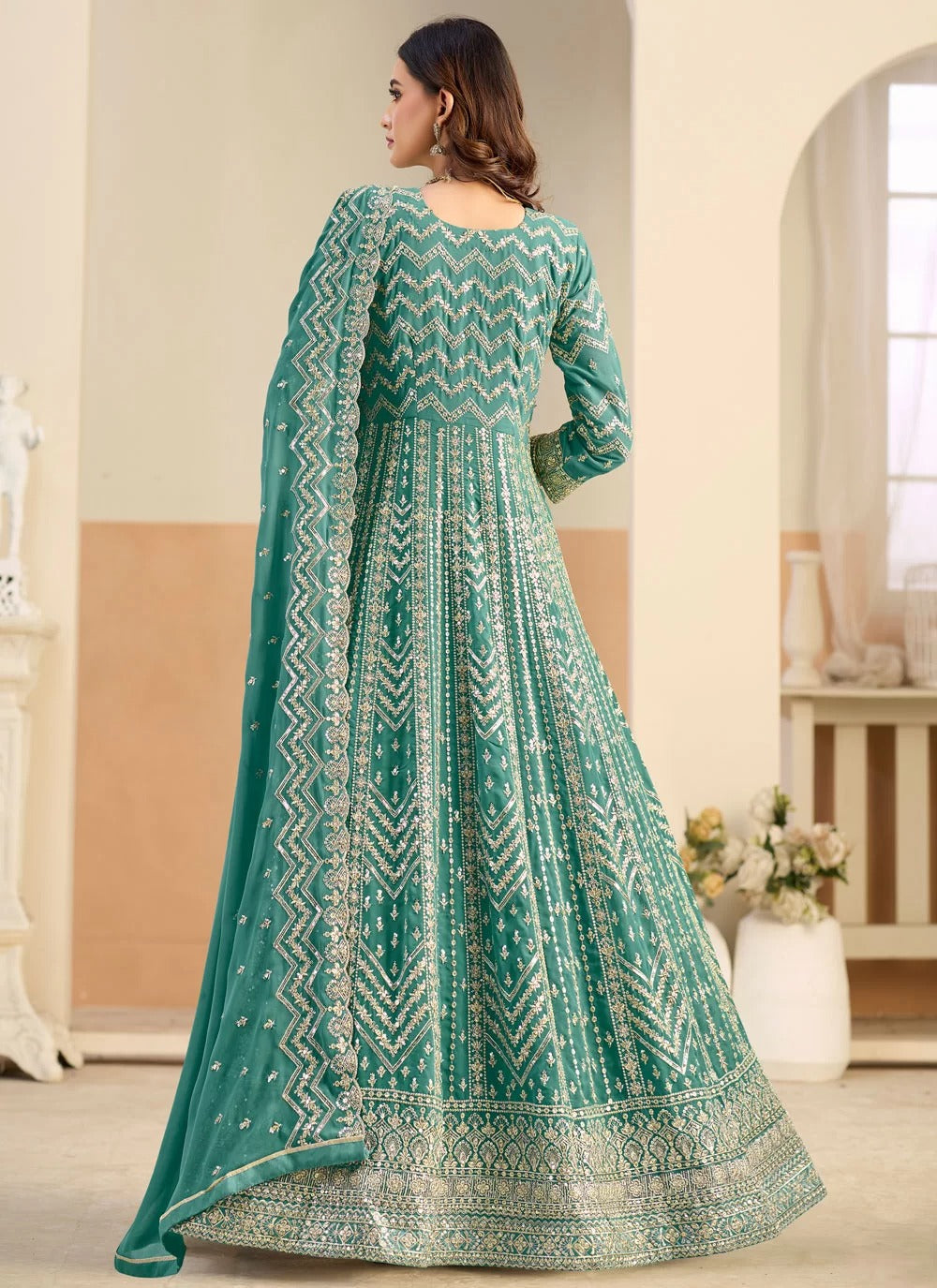 Sea green faux georgette festive anarkali suit with dual side embroidery