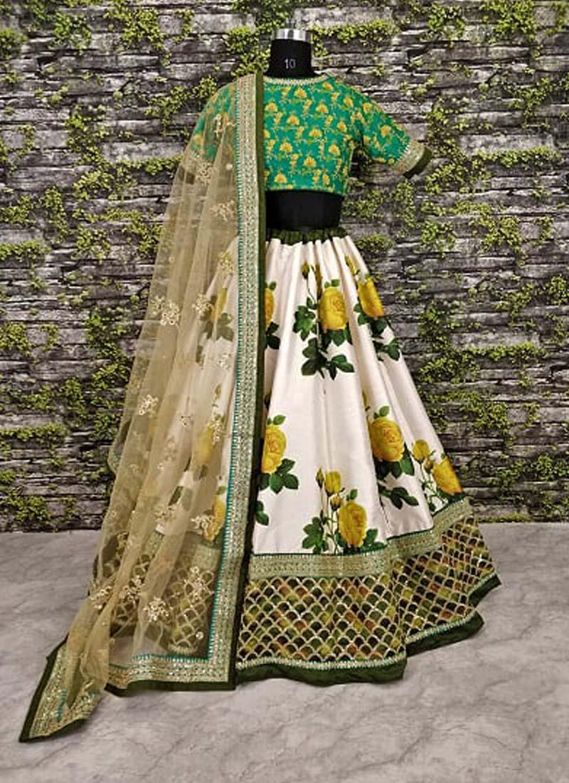 Sea Green Blouse With Printed Lehenga Choli