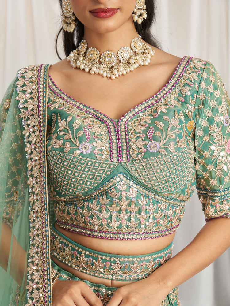 Sea Green Bridel net and Gotapatti & Moti embroidery Semi-Stitched Lehenga choli & Dupatta