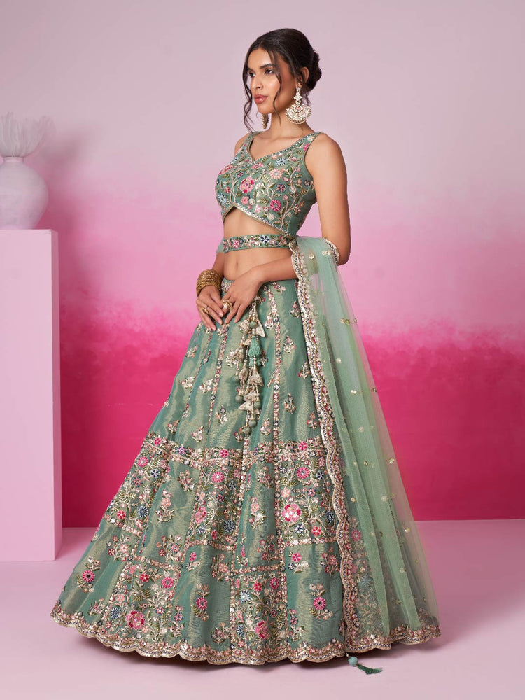 Sea Green Bridel Net Moti, Sequins embroidery Semi-Stitched Bridel Lehenga choli & Dupatta