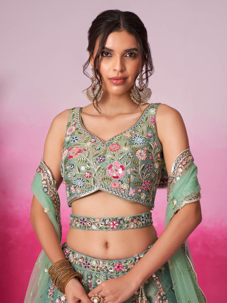 Sea Green Bridel Net Moti, Sequins embroidery Semi-Stitched Bridel Lehenga choli & Dupatta