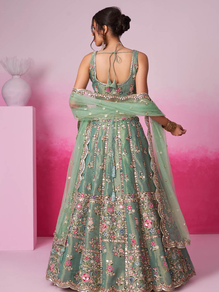 Sea Green Bridel Net Moti, Sequins embroidery Semi-Stitched Bridel Lehenga choli & Dupatta
