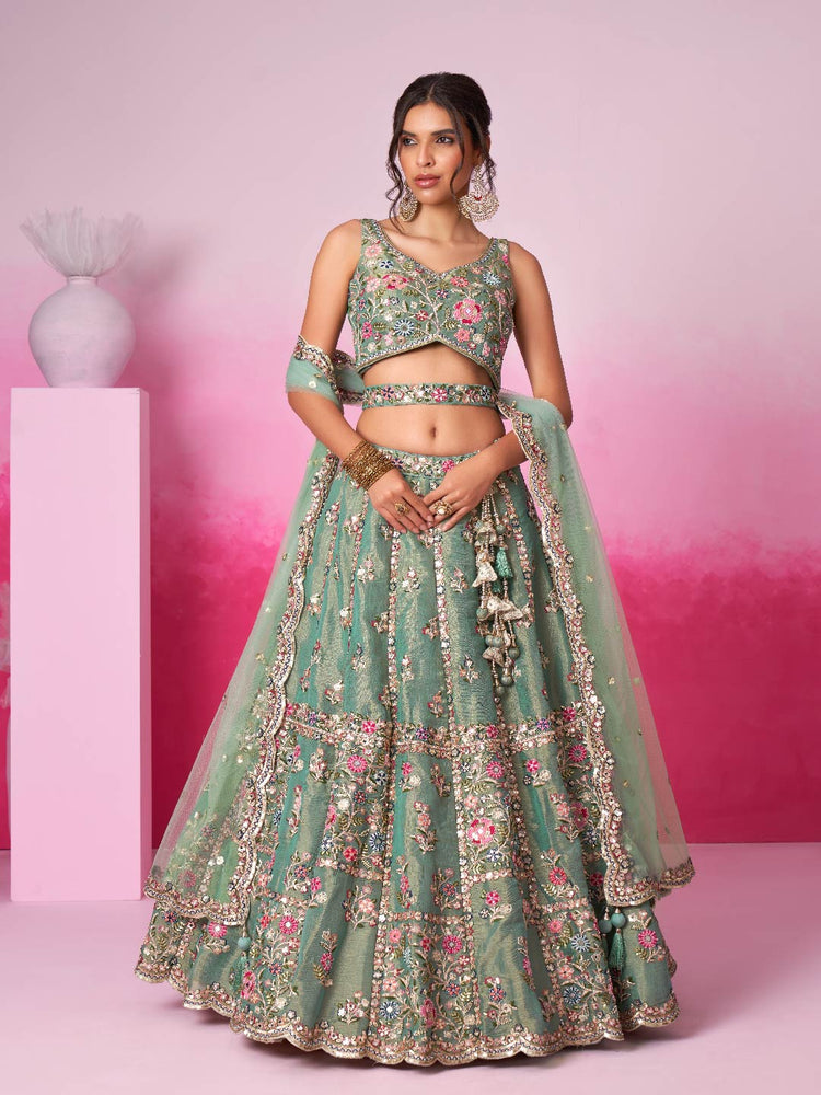 Sea Green Bridel Net Moti, Sequins embroidery Semi-Stitched Bridel Lehenga choli & Dupatta