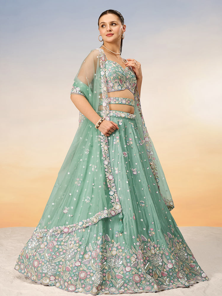 Sea Green Chiffon Sequins and thread embroidery Semi-Stitched Lehenga choli & Dupatta