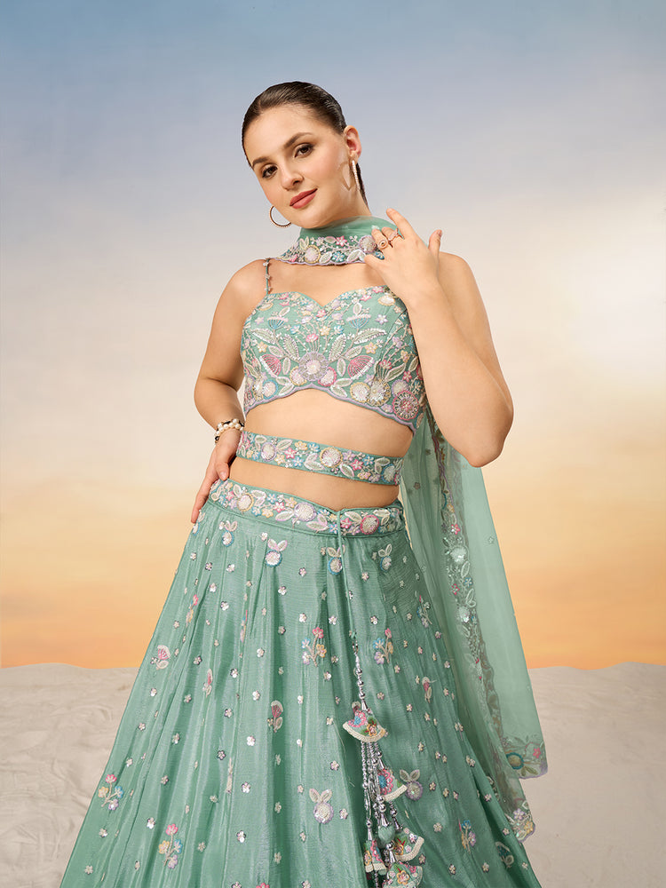 Sea Green Chiffon Sequins and thread embroidery Semi-Stitched Lehenga choli & Dupatta