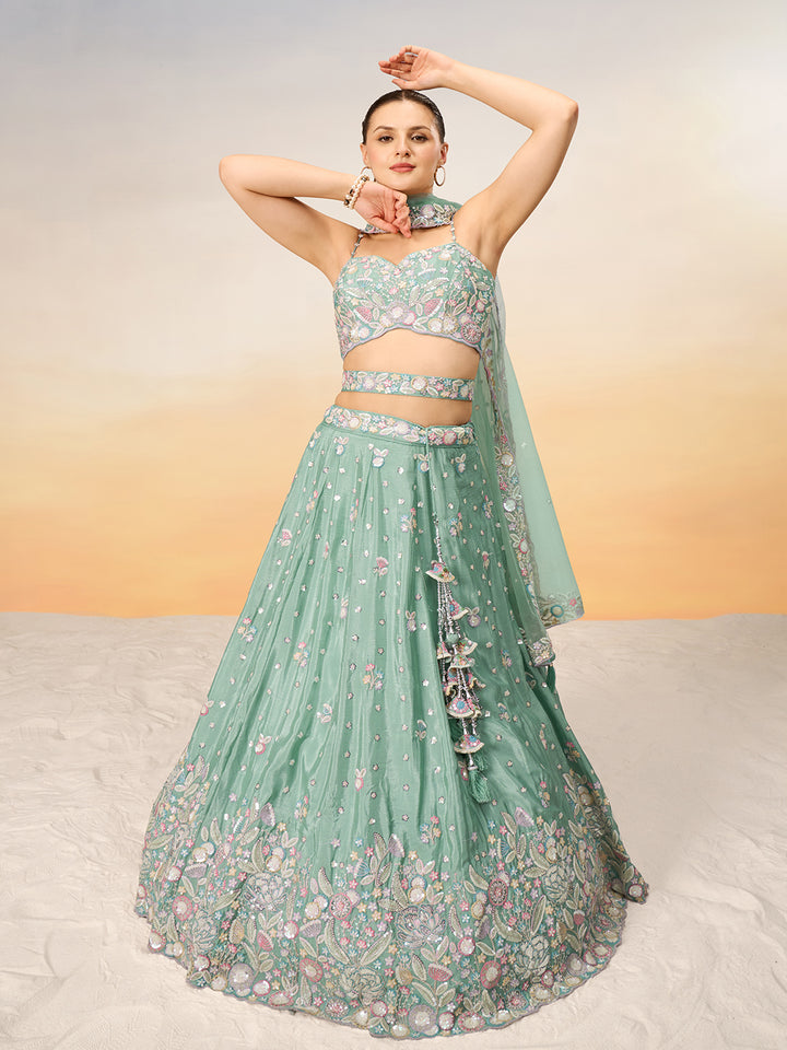 Sea Green Chiffon Sequins and thread embroidery Semi-Stitched Lehenga choli & Dupatta