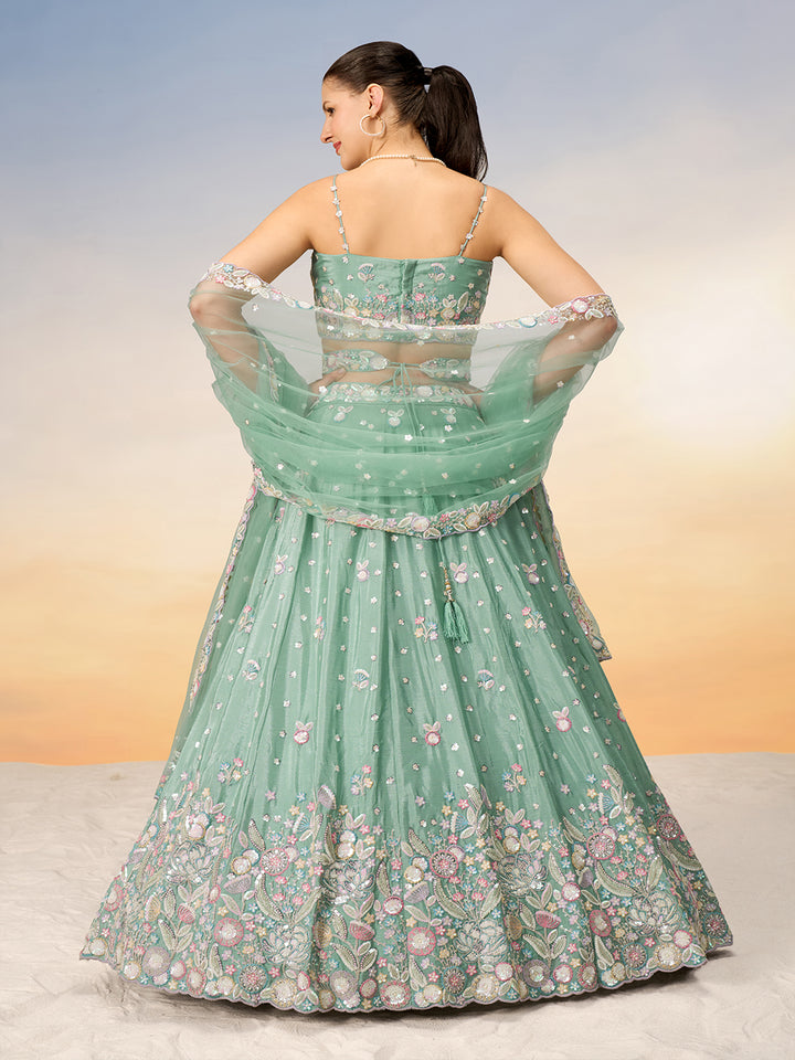 Sea Green Chiffon Sequins and thread embroidery Semi-Stitched Lehenga choli & Dupatta