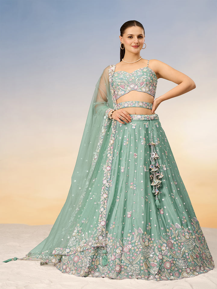 Sea Green Chiffon Sequins and thread embroidery Semi-Stitched Lehenga choli & Dupatta