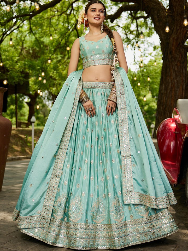 Sea Green Chinnon Semi-Stitched Lehenga Choli Set with Heavy Sequins & Embroidered Dupatta