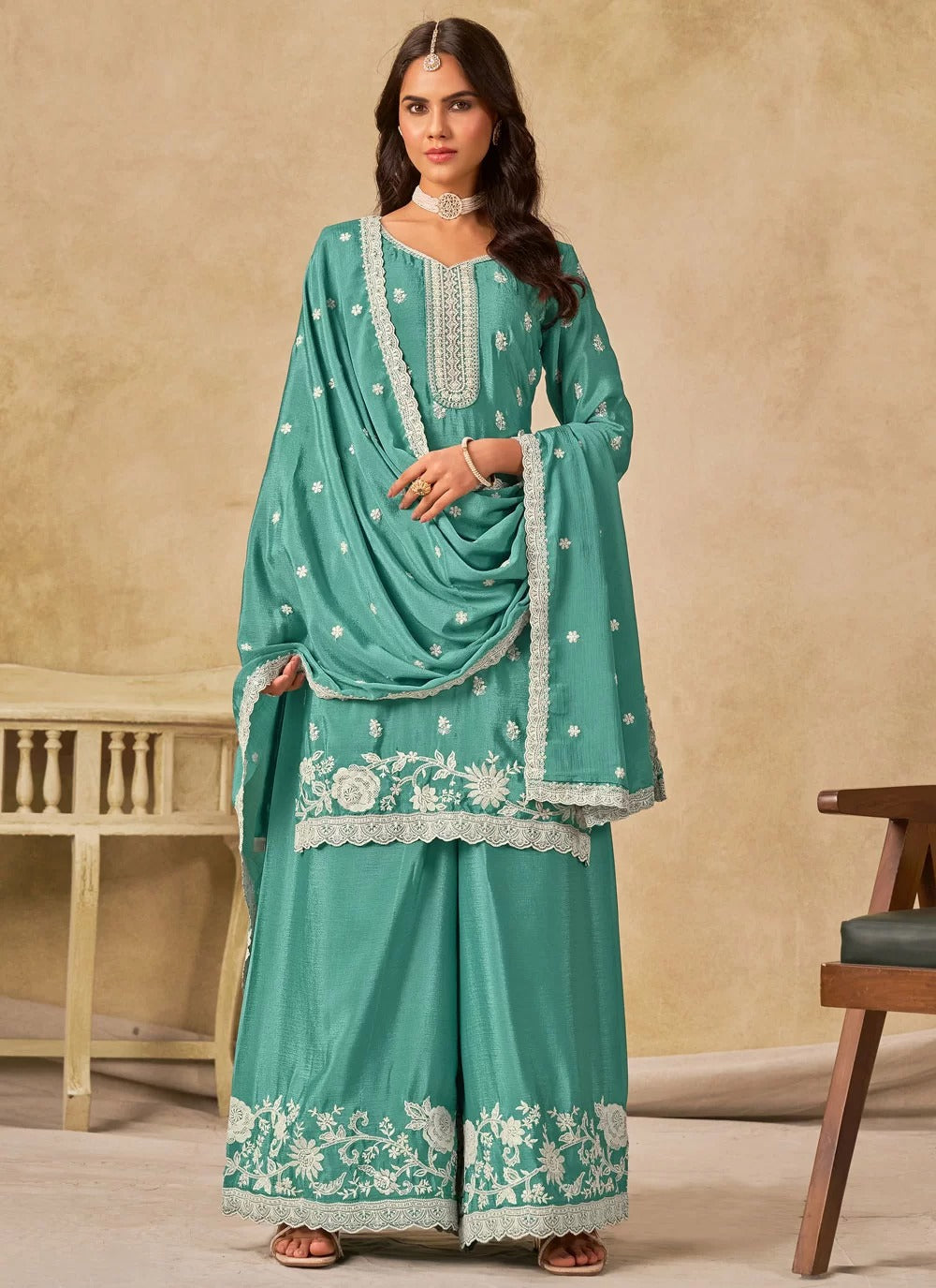 Sea green chinnon silk embroidered palazzo suit set with dupatta