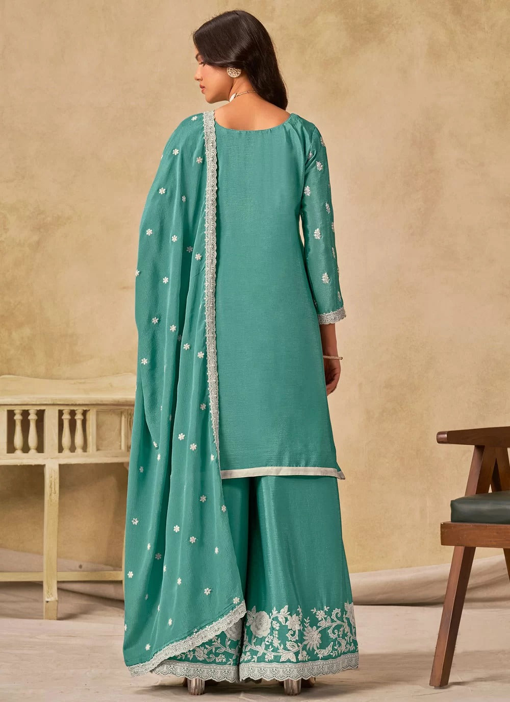 Sea green chinnon silk embroidered palazzo suit set with dupatta